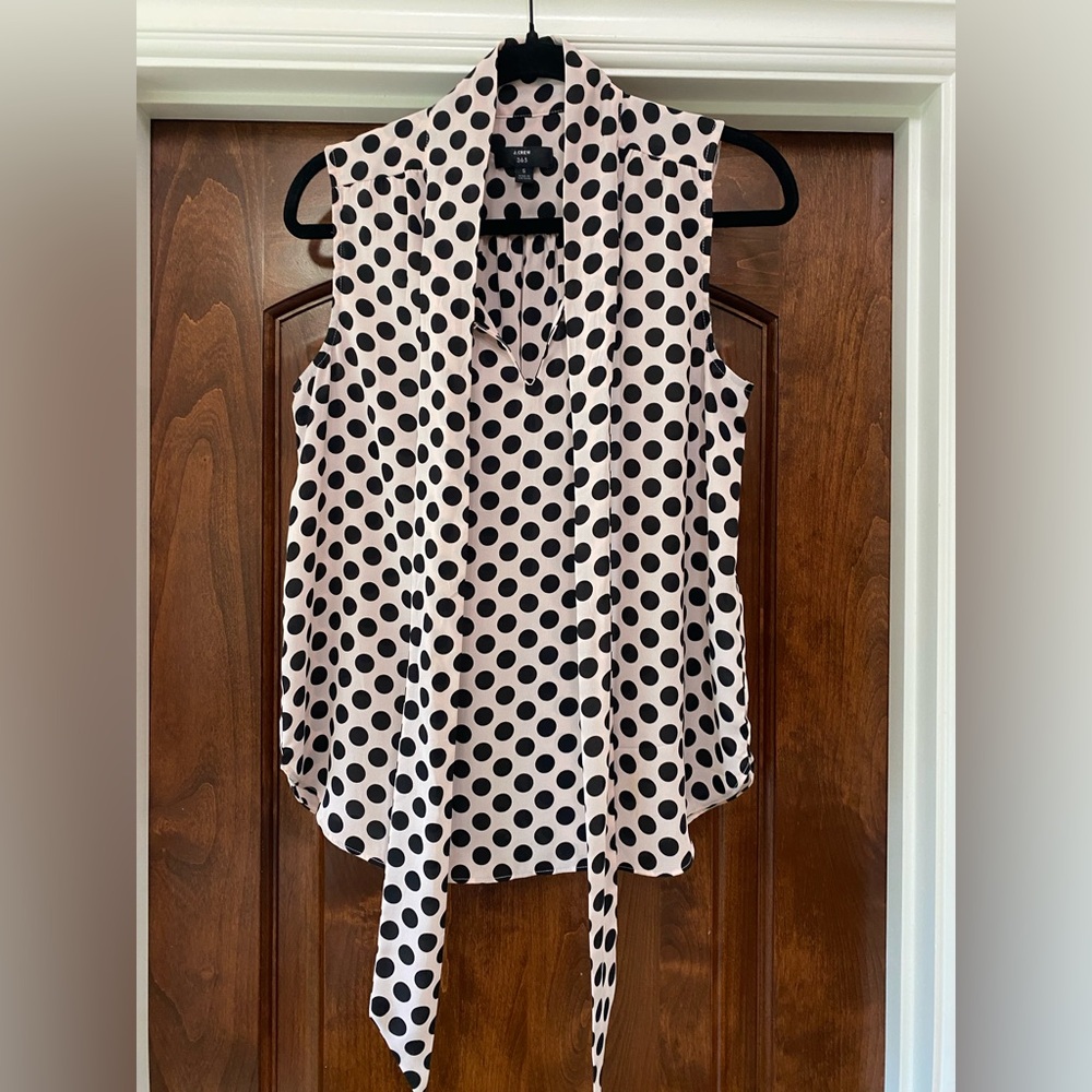 J. Crew polka dot chiffon tie neck sleeveless blouse Sz S shell pink black